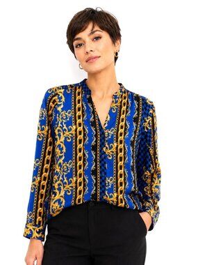 Akira Blue Gold Chain Print Long Sleeve Blouse